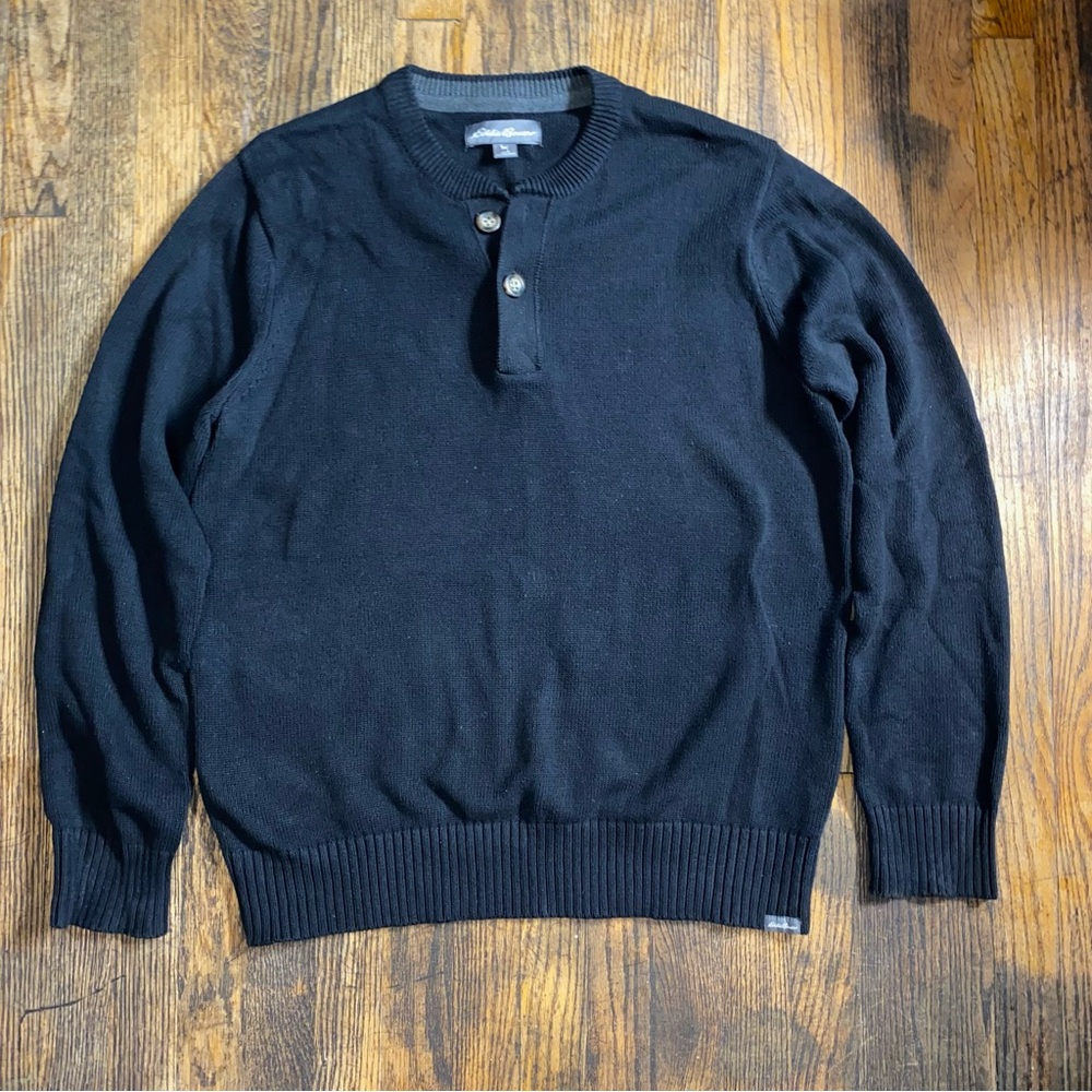 Eddie Bauer Mens 2 button pullover sweater 100% cotton size Large Navy Blue
